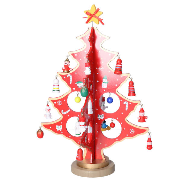 Christmas Decoration kleine decoratie kerstboom - hout - rood - 26 cm - Houten kerstbomen