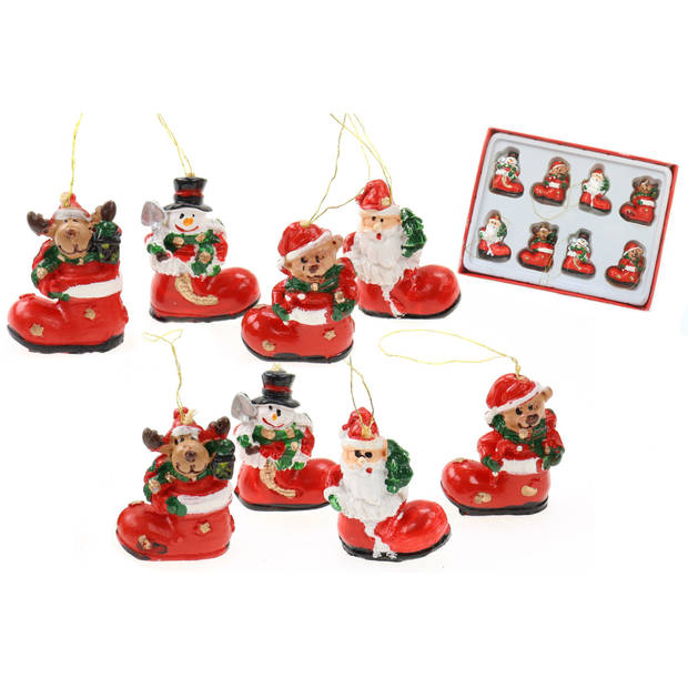 Kersthangers -kerst figuren in laars -8x stuks - kunststof - 3,5 cm - Kersthangers