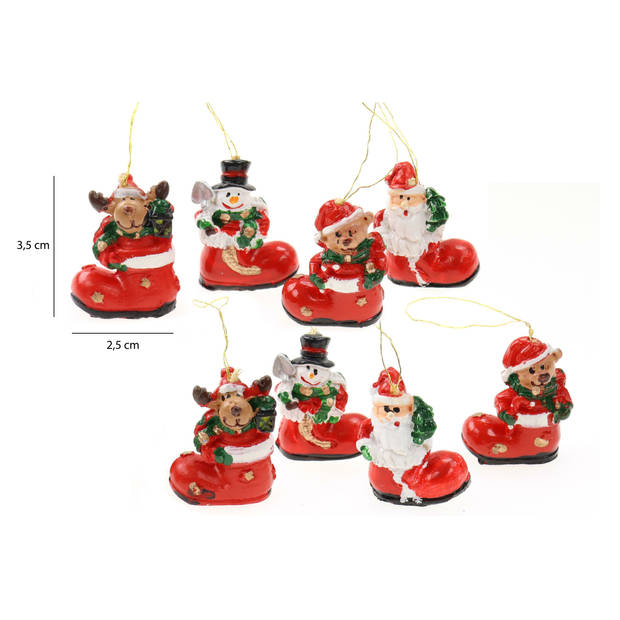 Kersthangers -kerst figuren in laars -8x stuks - kunststof - 3,5 cm - Kersthangers