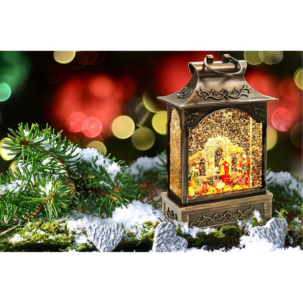 Snowglobe glitter lantaarn met kerststalletje - 28 cm - met licht - Sneeuwbollen