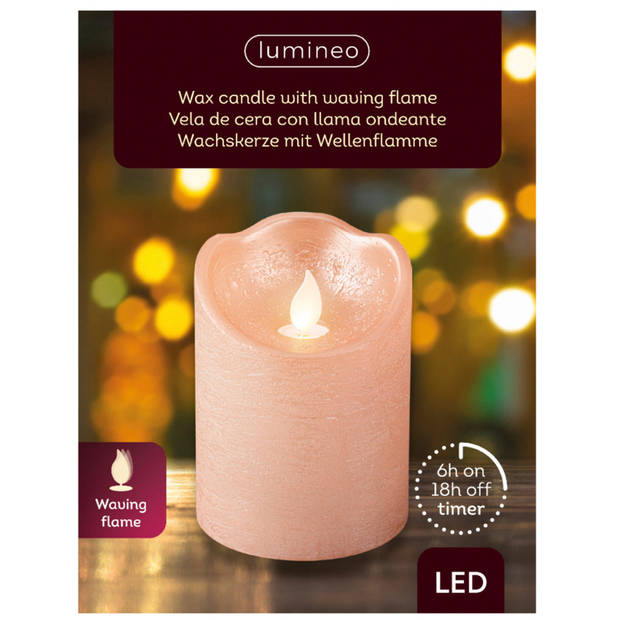 Lumineo LED kaars/stompkaars - lichtroze - D7,5 x H10 cm - met timer - LED kaarsen