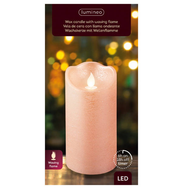 Lumineo LED kaars/stompkaars - lichtroze - D7,5 x H15 cm - met timer - LED kaarsen