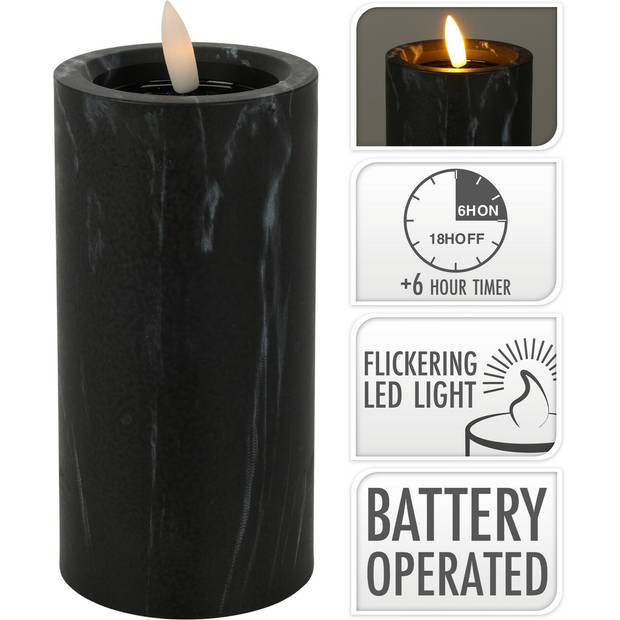 Home & Styling LED kaars/stompkaars - marmer zwart -D7,5 x H15 cm - LED kaarsen