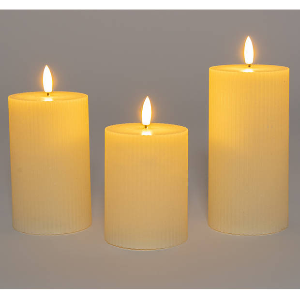 Anna Collection LED kaarsen set ribbel - 3x stuks - ivoor wit - LED kaarsen