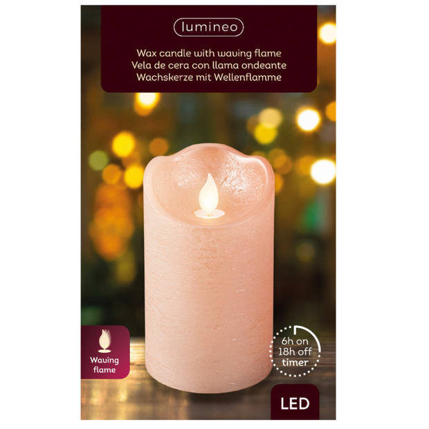 Lumineo LED kaars/stompkaars - lichtroze - D7,5 x H12,5 cm - met timer - LED kaarsen