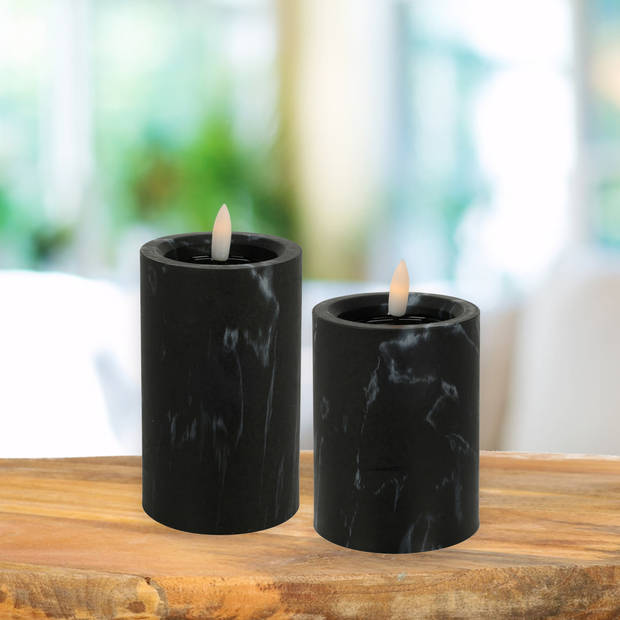 LED kaarsen/stompkaarsen - set 2x - zwart marmer look - H10 en H12,5 cm - timer - warm wit - LED kaarsen