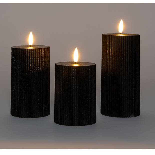 Anna Collection LED kaarsen set ribbel - 3x stuks - zwart - LED kaarsen