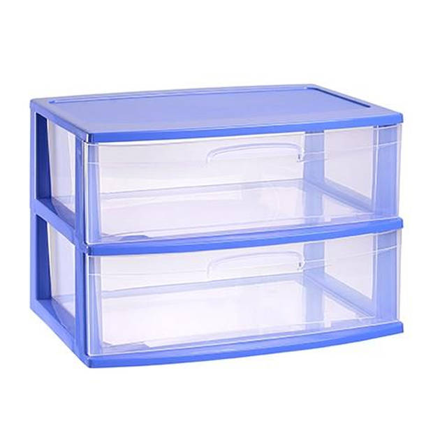 Plasticforte Ladeblokje organizer 2x lades - blauw/transparant - L56 x B40 x H41 cm - plastic - Ladeblok