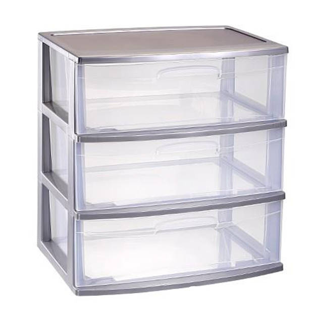 Plasticforte Ladeblokje organizer 3x lades - zilver/transparant - L56 x B40 x H61 cm - plastic - Ladeblok