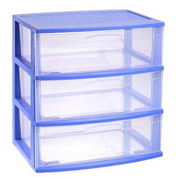 Plasticforte Ladeblokje organizer 3x lades - blauw/transparant - L56 x B40 x H61 cm - plastic - Ladeblok