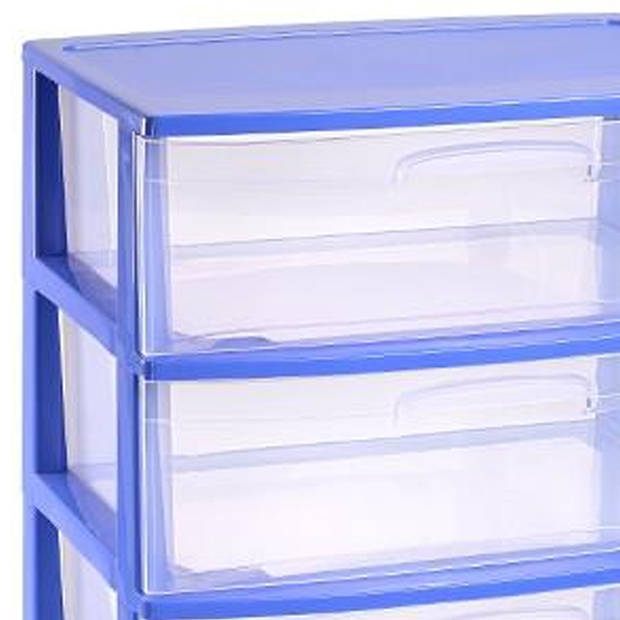 Plasticforte Ladeblokje organizer 3x lades - blauw/transparant - L56 x B40 x H61 cm - plastic - Ladeblok
