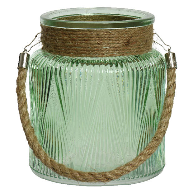 Windlicht/lantaarn met relief - glas - D14 x H16 cm - groen - Windlichten