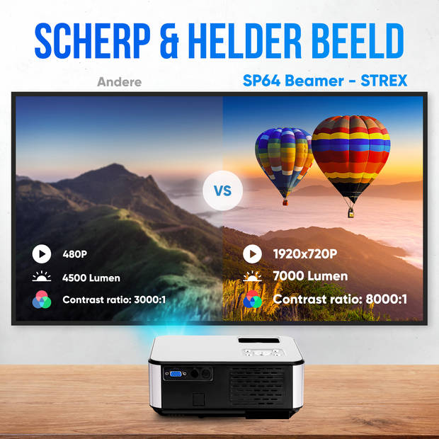 Strex Beamer - HD 1920x1080P - 7000 Lumen - Streamen Vanaf Je Telefoon Met WiFi - Mini Projector - Incl. 100"