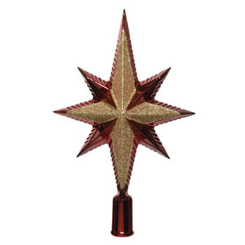 Decoris piek - ster vorm - kunststof - donkerrood/goud - 2,5 cm - kerstboompieken