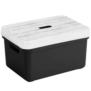 Sunware Opbergbox/mand - zwart - 13 liter - met deksel hout kleur - Opbergbox