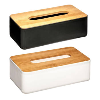 Set van 2x stuks tissuedozen/tissueboxen kunststof met bamboe deksel wit en zwart - Tissuehouders