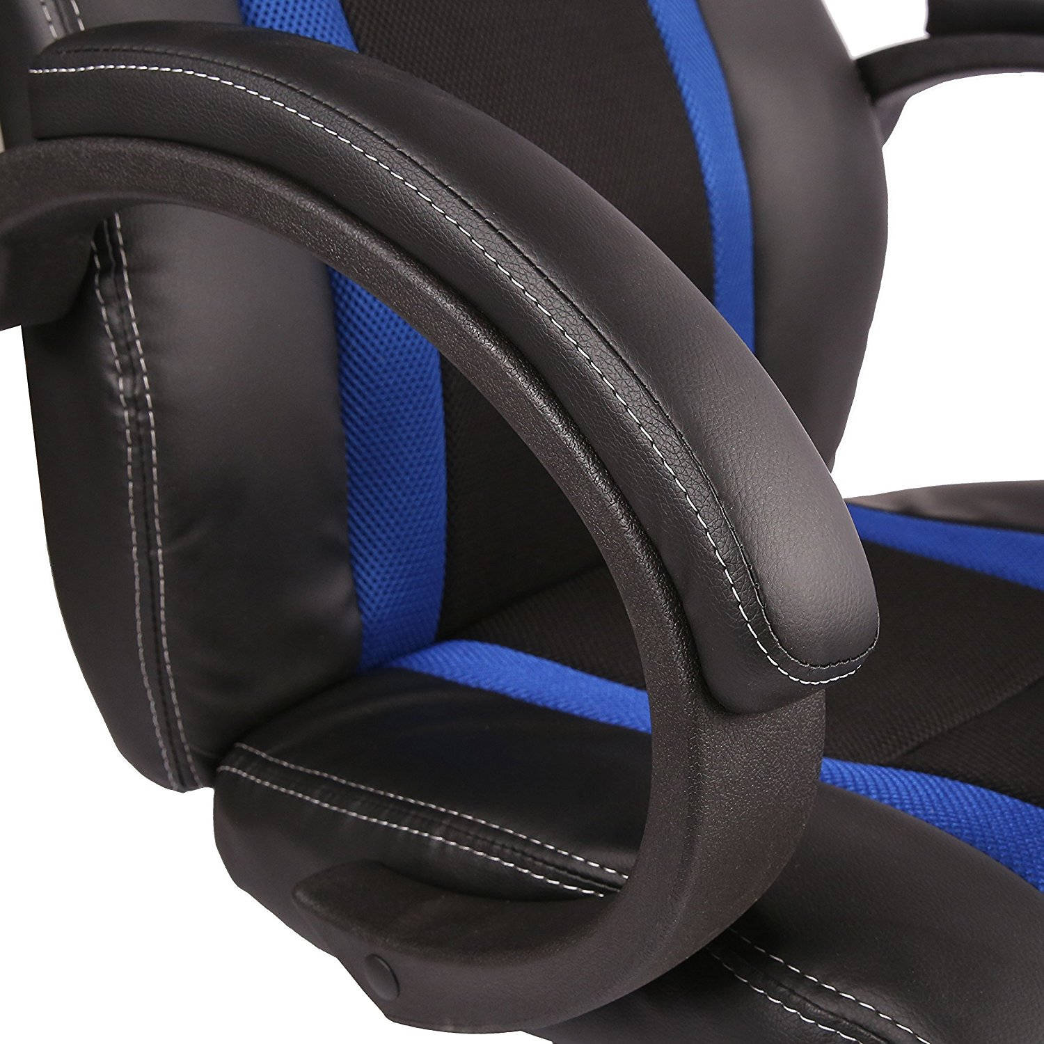 Racing bureaustoel, Zwart-Blauw gestreept, draaistoel, gevoerde armleuningen, kantelmechanisme, Lift
