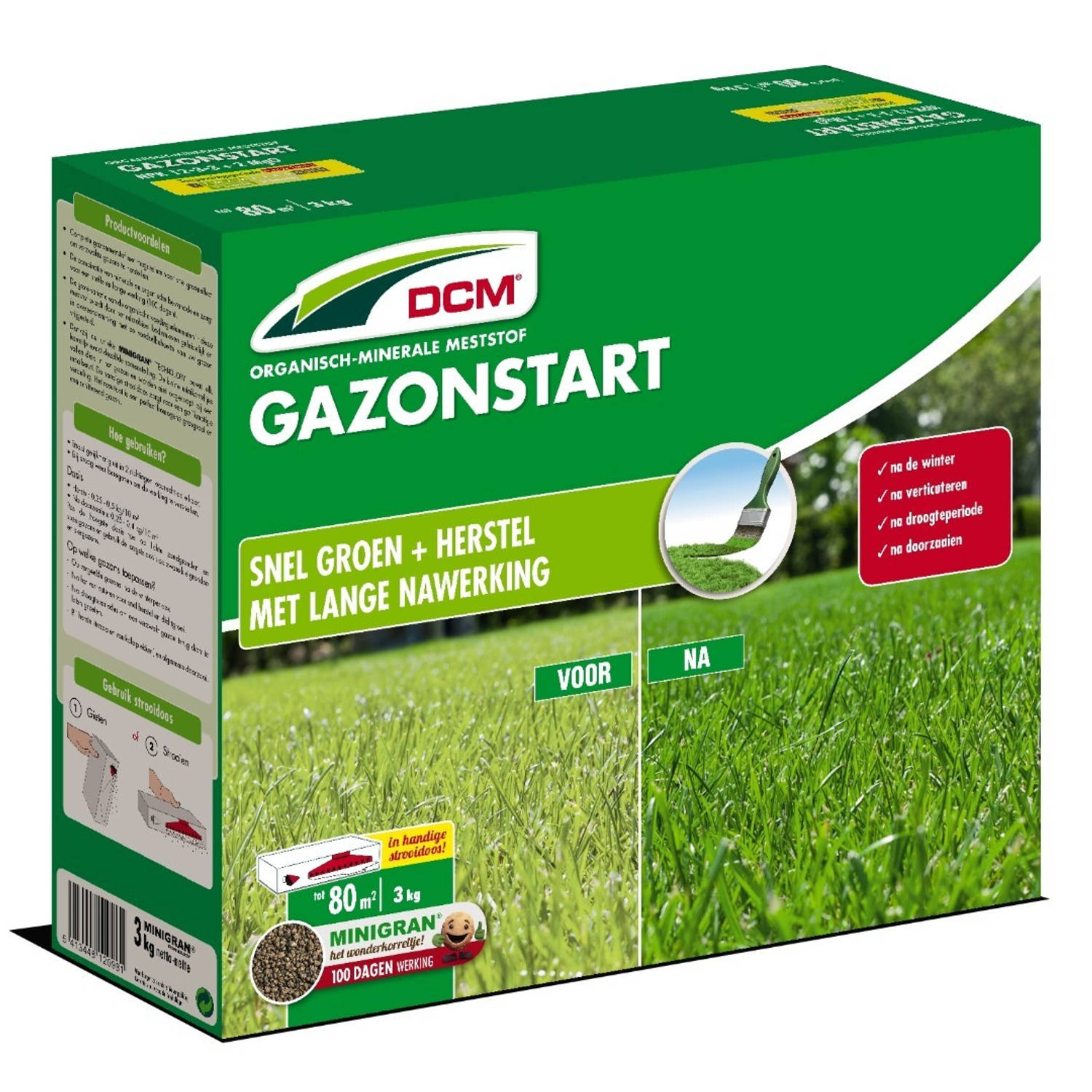 DCM Gazonstart - Gazonmest - Herstelt en geeft Diepgroene Kleur - Gazonmeststof met MINIGRAN® Technology - 80m2 - 3 kg