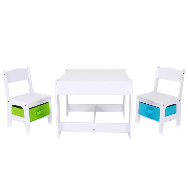 Baby Vivo- kinderzitgroep- kinderset met multifunctionele tafel en 2 houten stoelen -met opberglade- met bouwplaat--...