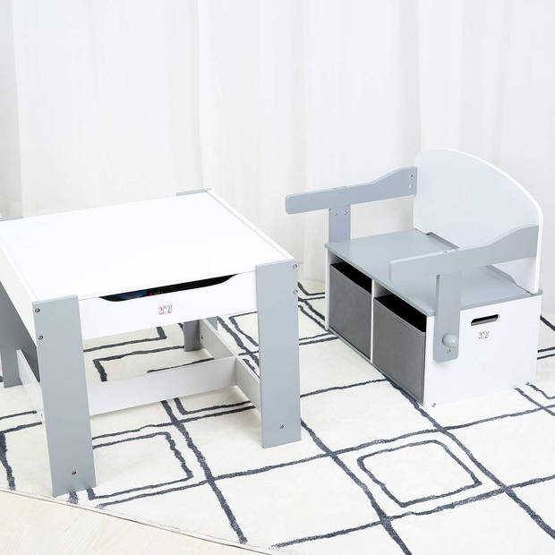 Baby Vivo Multifunctionele 3 in 1 bank Felix, grijs, houten tafel en zit voor kinderen met opbergbakken