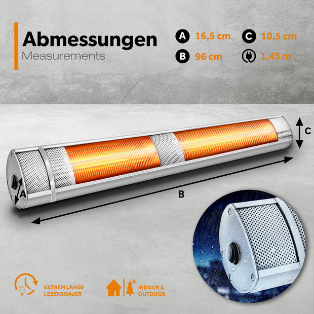 TRESKO- muur heater- 3000W- zilver- met afstandsbediening- infrarood -heater - terrasverwarmer- warmtestraler