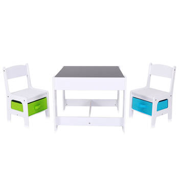 Baby Vivo- kinderzitgroep- kinderset met multifunctionele tafel en 2 houten stoelen -met opberglade- met schoolbord--...