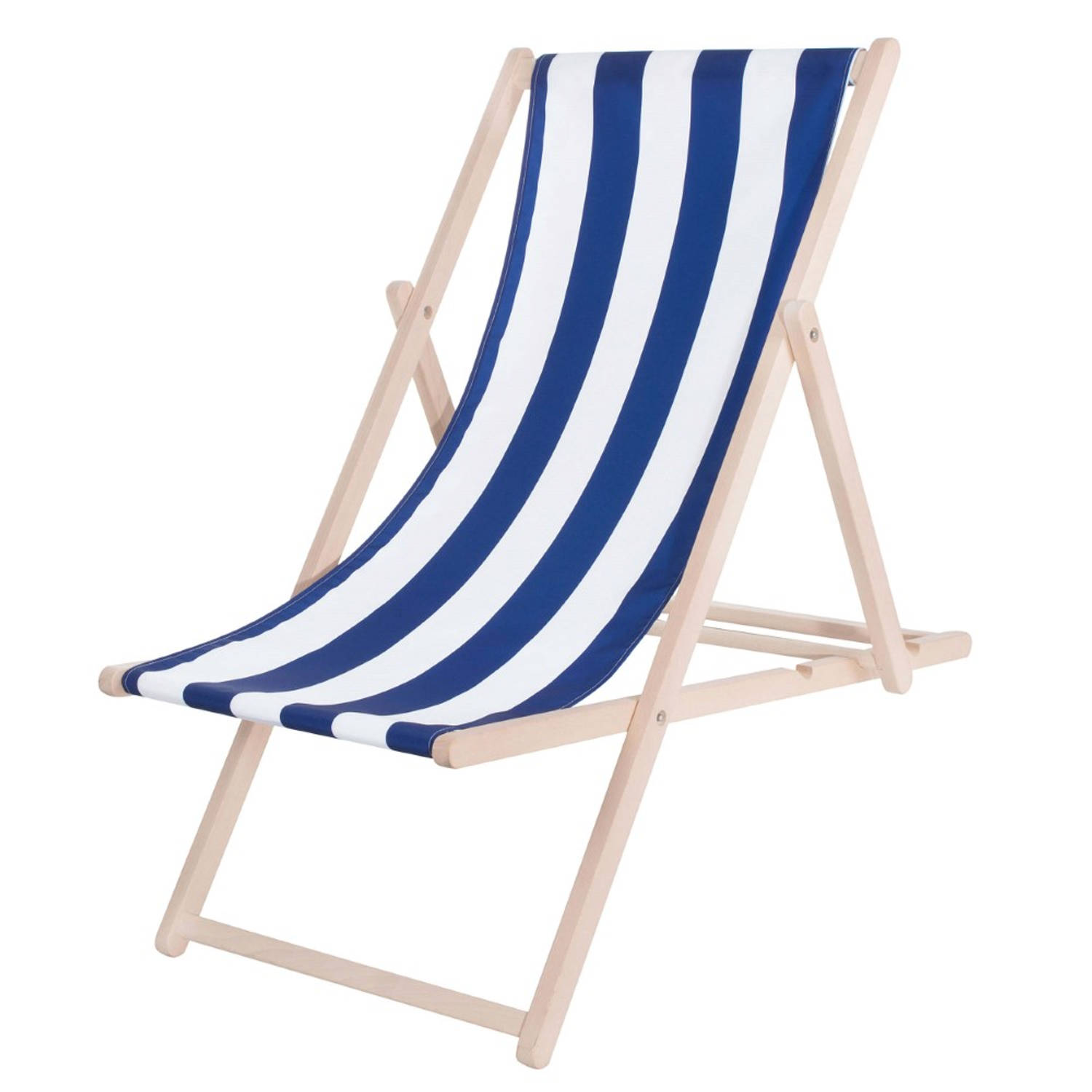 Ligbed Strandstoel Ligstoel Verstelbaar Beukenhout Handgemaakt Blauw/Wit
