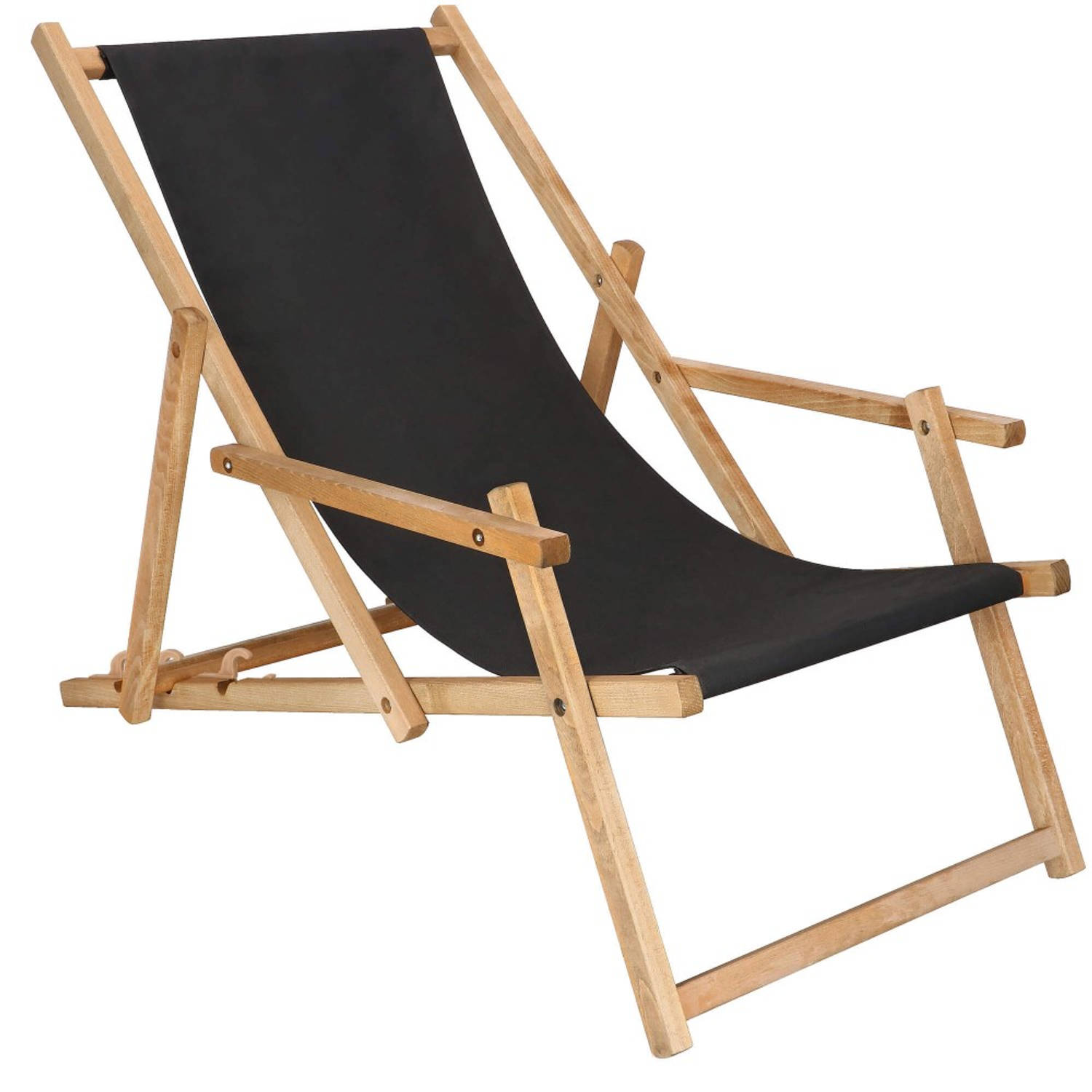 Ligbed Strandstoel Ligstoel Verstelbaar Arm Leuning Beukenhout Geïmpregneerd Handgemaakt Zwart