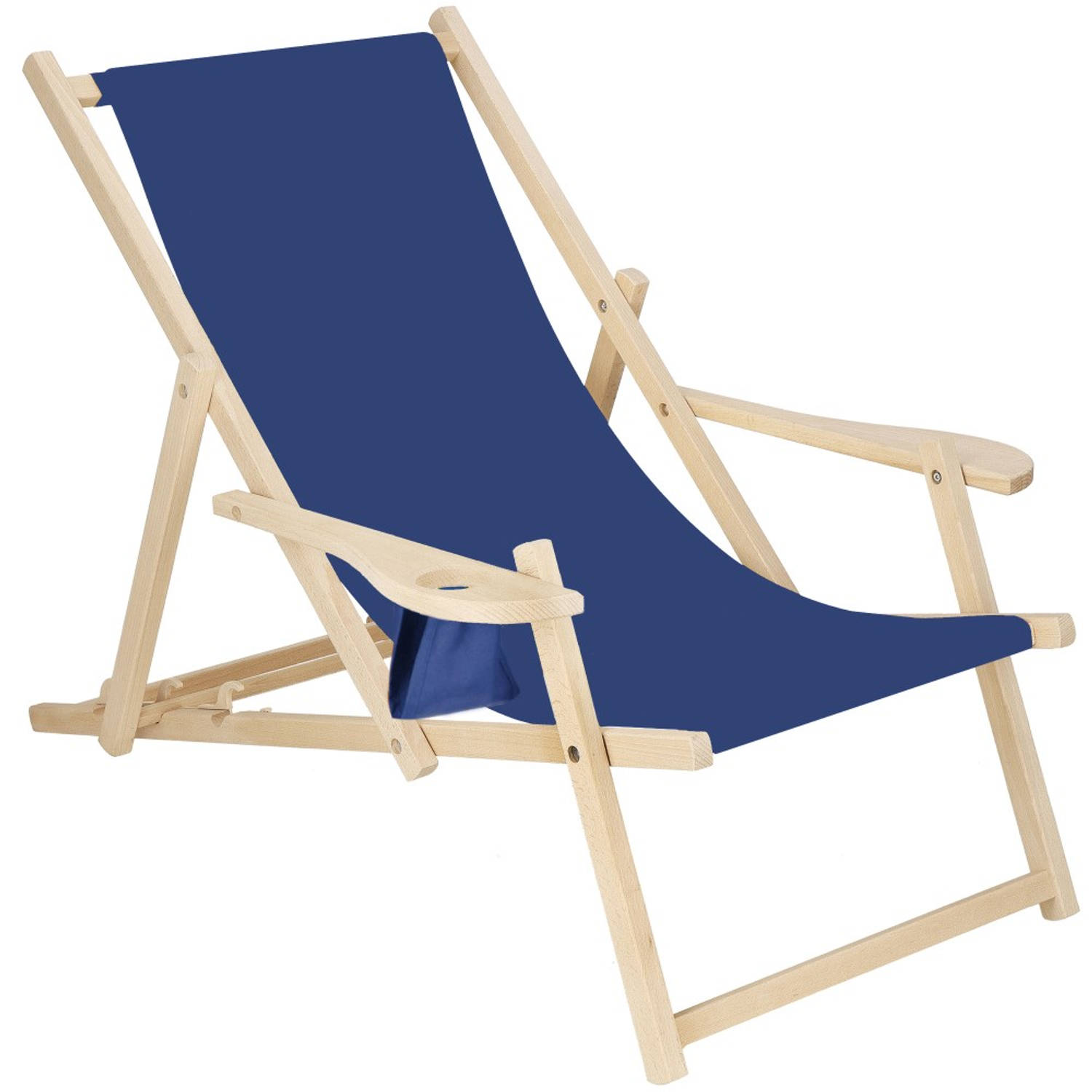 Ligbed Strandstoel Ligstoel Verstelbaar Armleuningen Beukenhout Handgemaakt Marineblauw