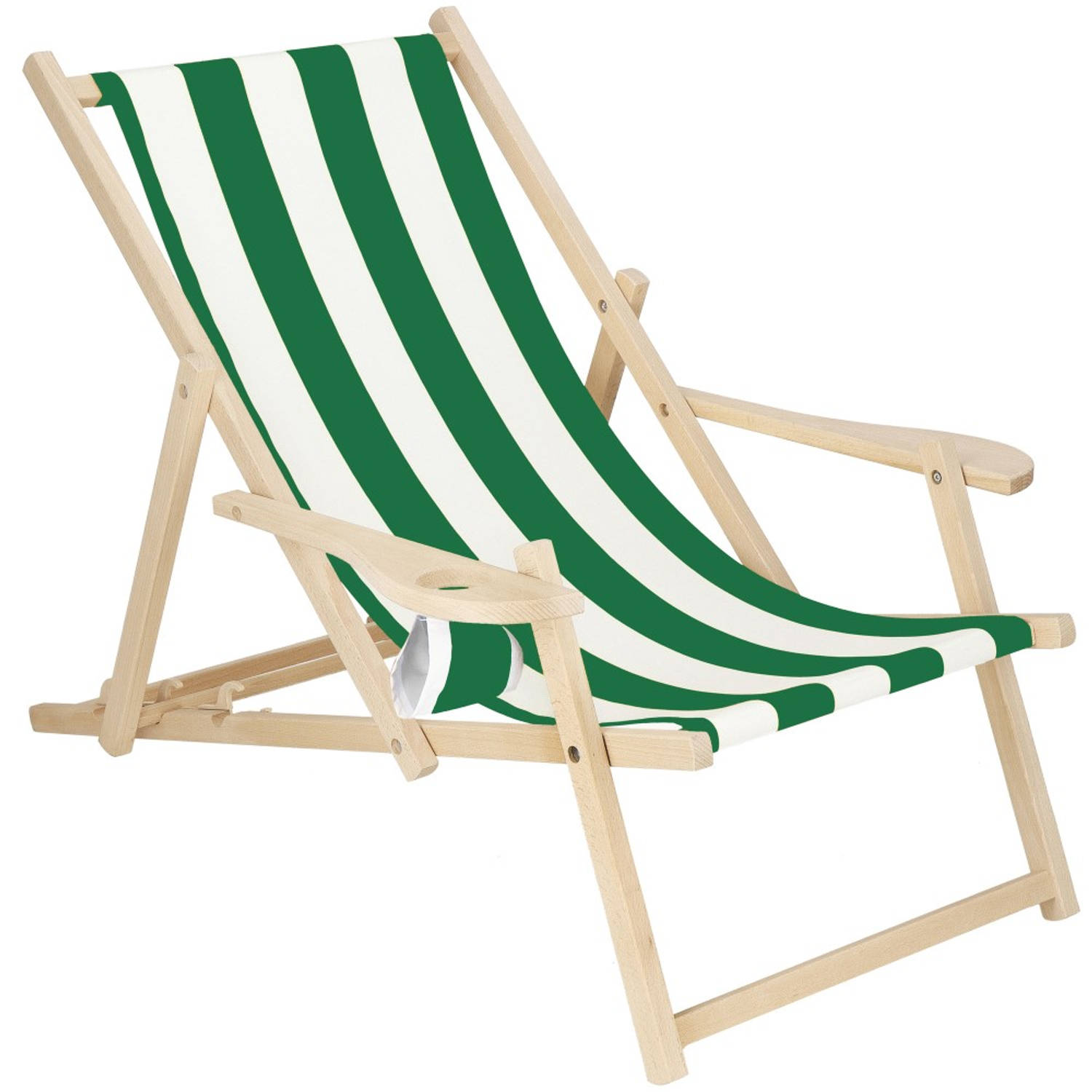 Ligbed Strandstoel Ligstoel Verstelbaar Armleuningen Beukenhout Handgemaakt Groen/Wit