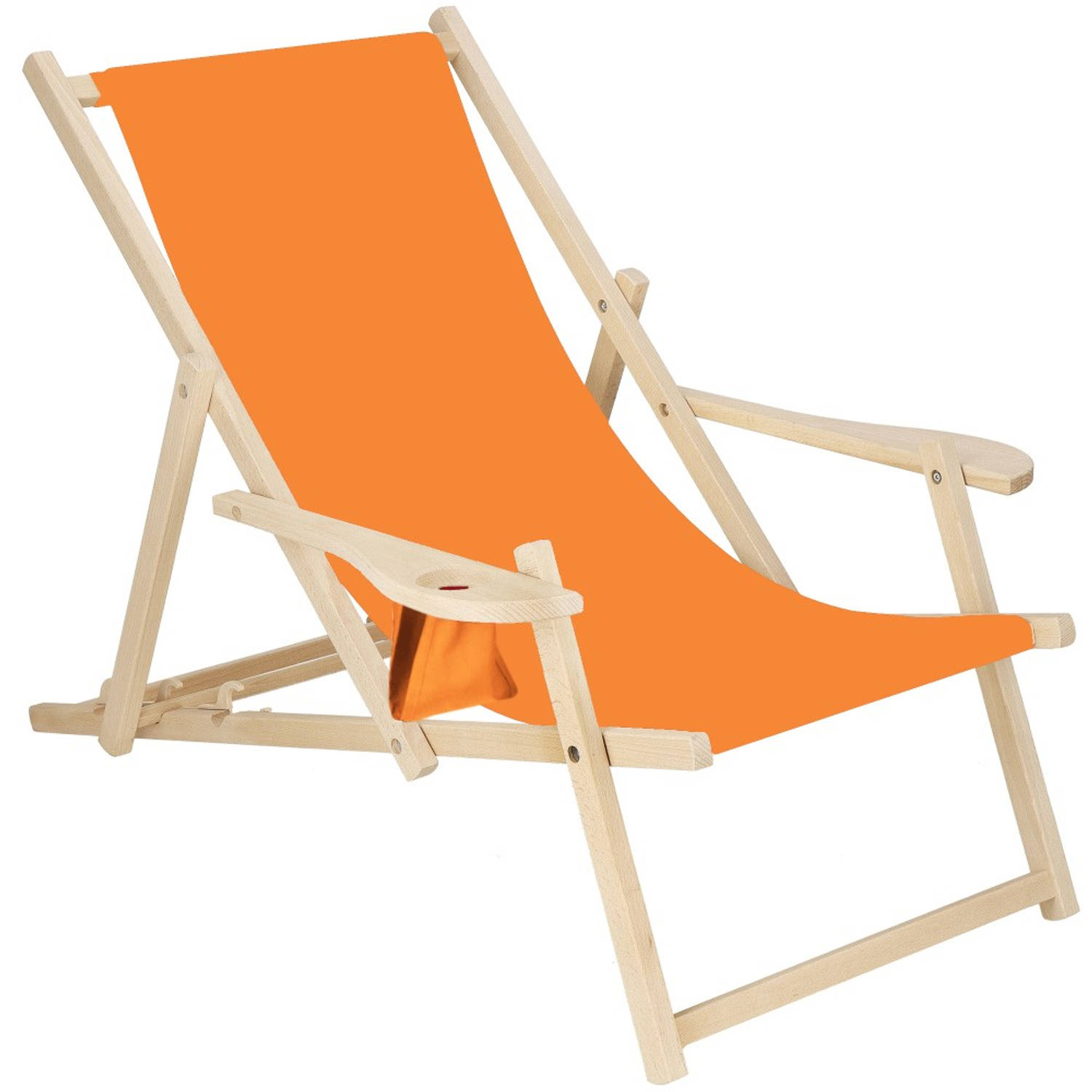 Ligbed Strandstoel Ligstoel Verstelbaar Armleuningen Beukenhout Handgemaakt Oranje