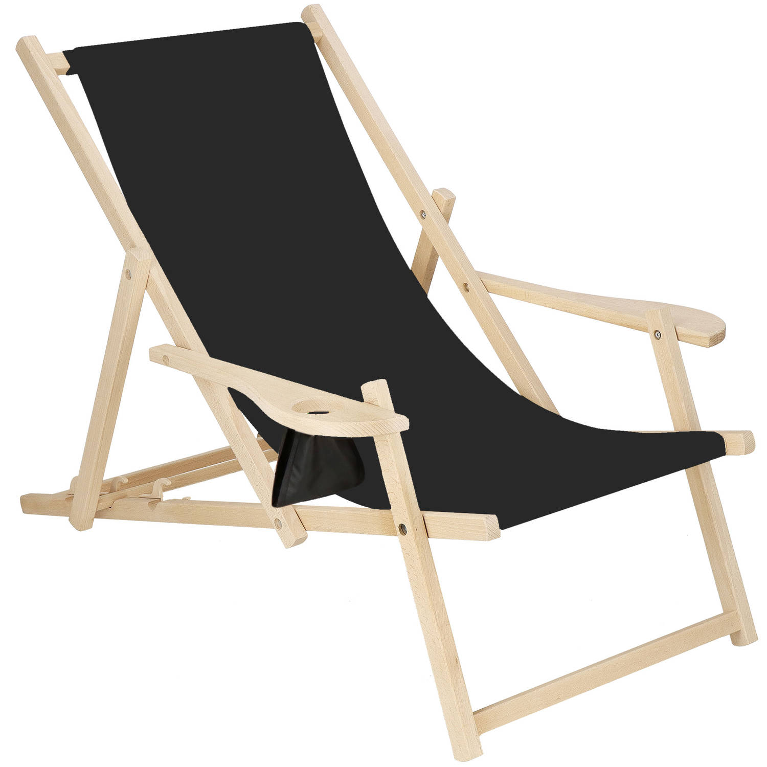 Ligbed Strandstoel Ligstoel Verstelbaar Armleuningen Beukenhout Handgemaakt Zwart