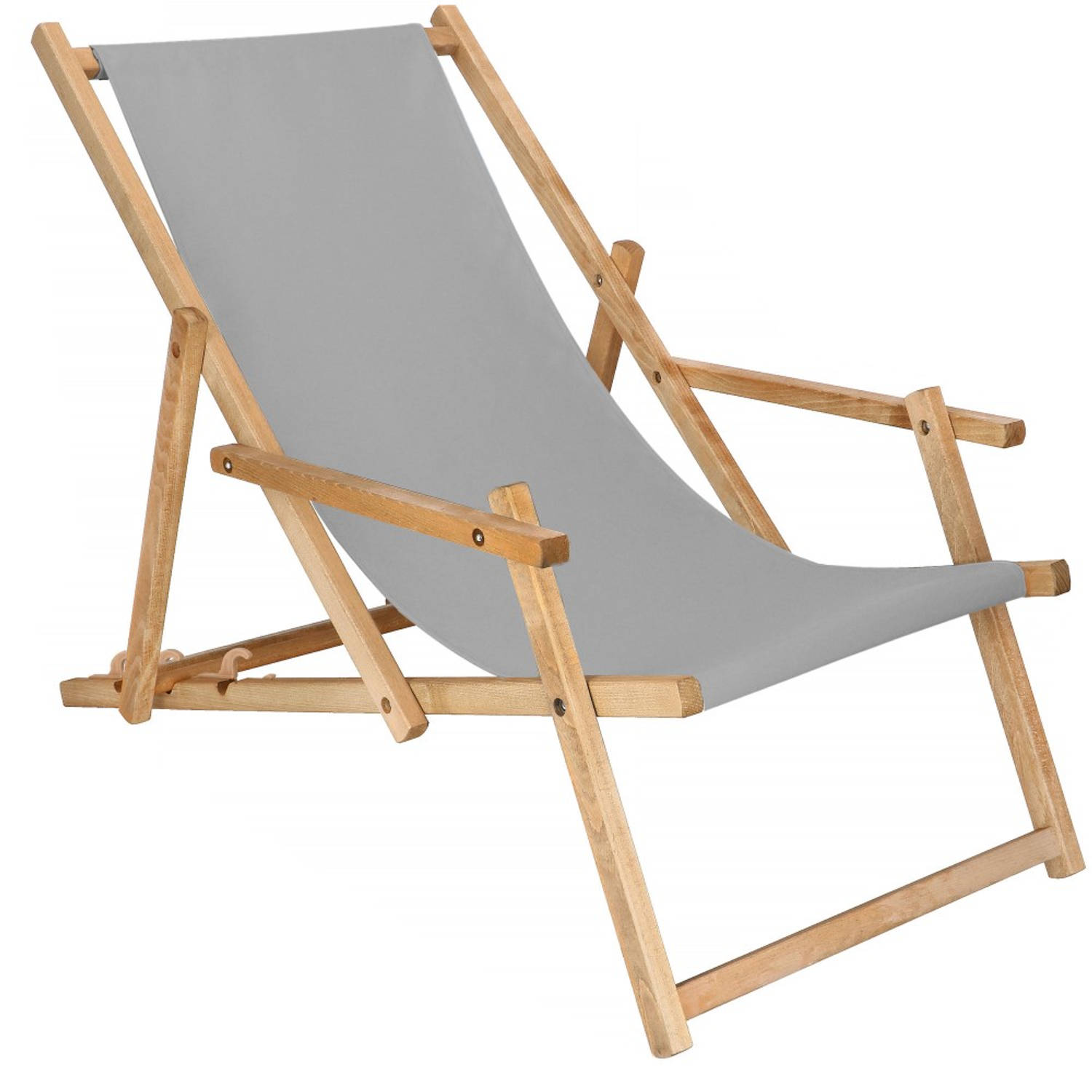 Ligbed Strandstoel Ligstoel Verstelbaar Arm Leuning Beukenhout Geïmpregneerd Handgemaakt Grijs