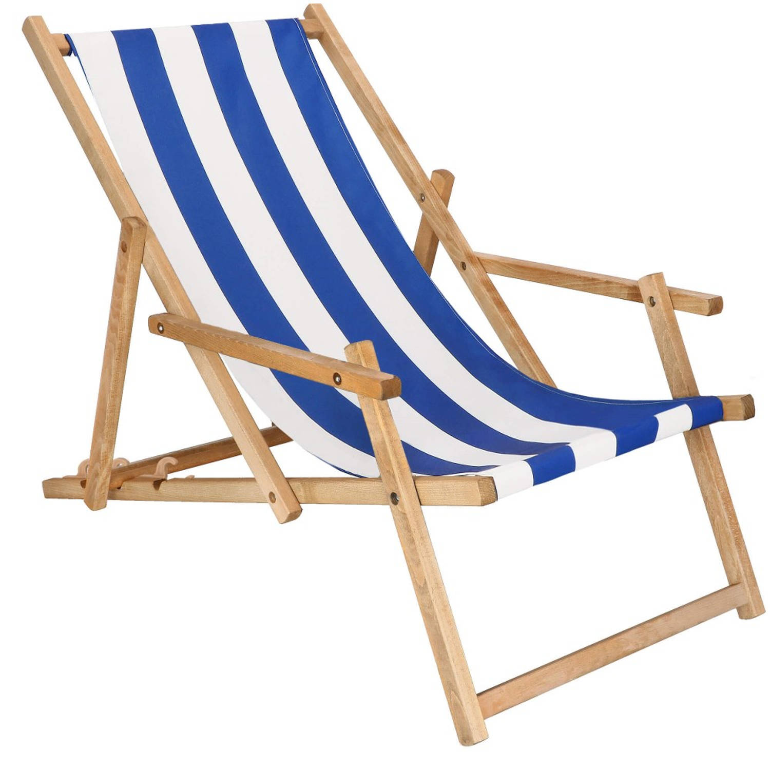 Ligbed Strandstoel Ligstoel Verstelbaar Arm Leuning Beukenhout Geïmpregneerd Handgemaakt Blauw Wit