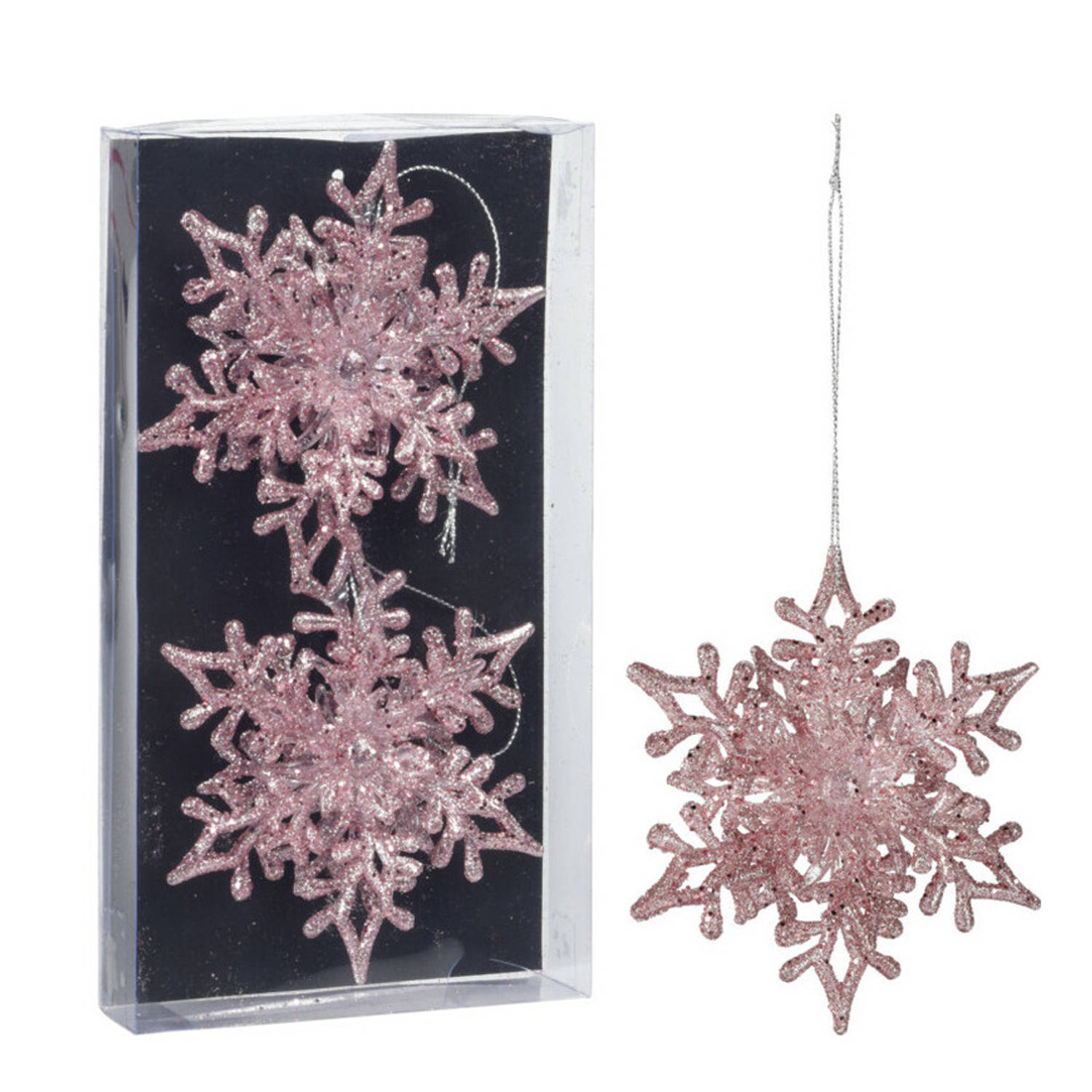 Christmas Decoration kersthangers sneeuwvlokken -2x-roze -11,5 cm