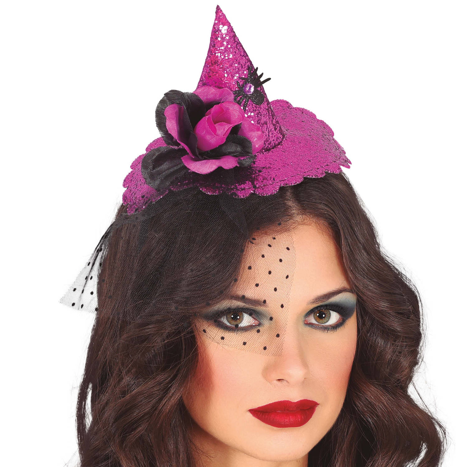 Halloween heksenhoed - mini hoedje op diadeem met sluier - one size - roze - meisjes/dames
