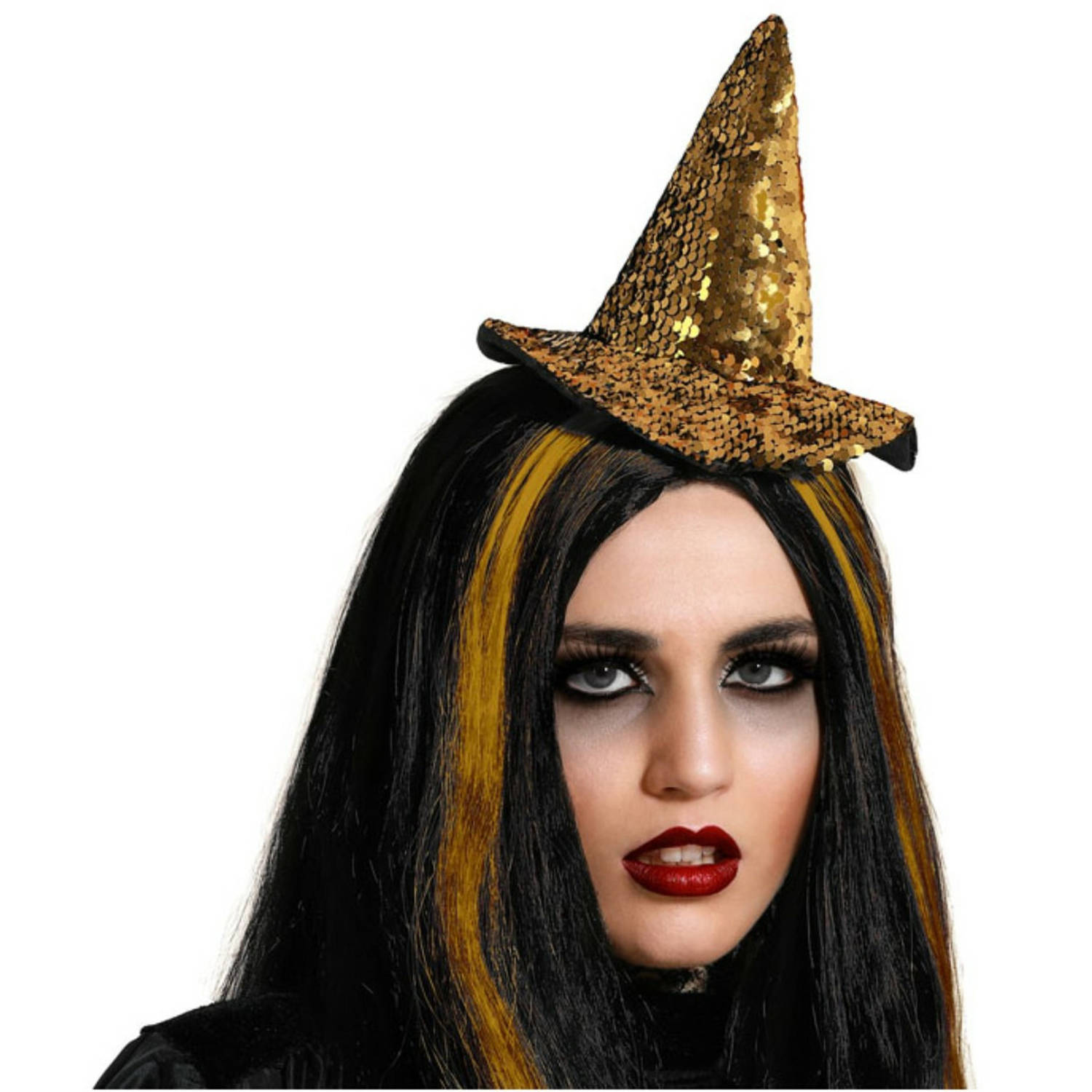 Halloween heksenhoed - mini hoedje op diadeem - one size - goud glitter - meisjes/dames