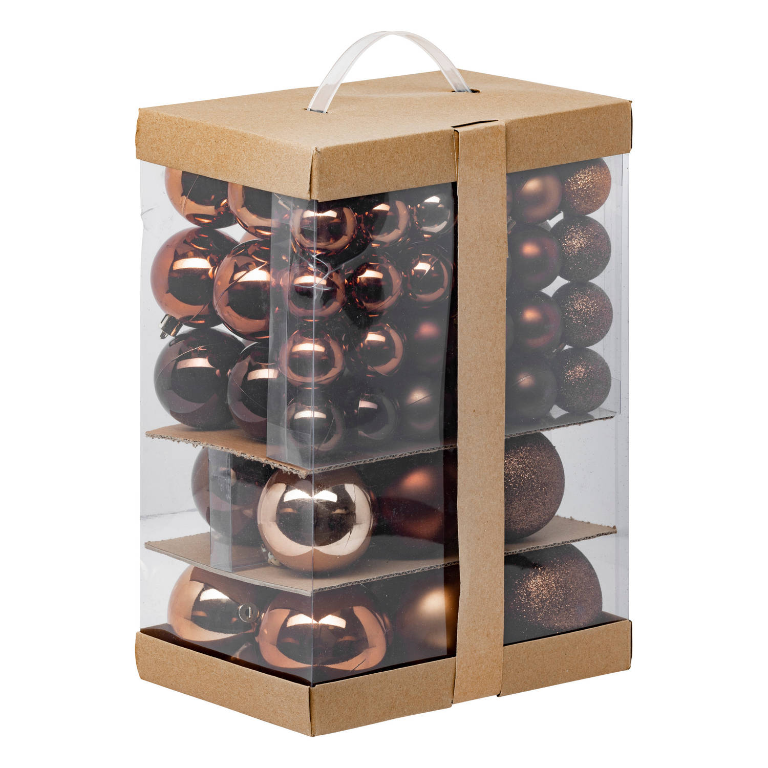 Kerstballen - 60x st - 4, 6, 7 en 8 cm - brons - kunststof - kerstballenpakket