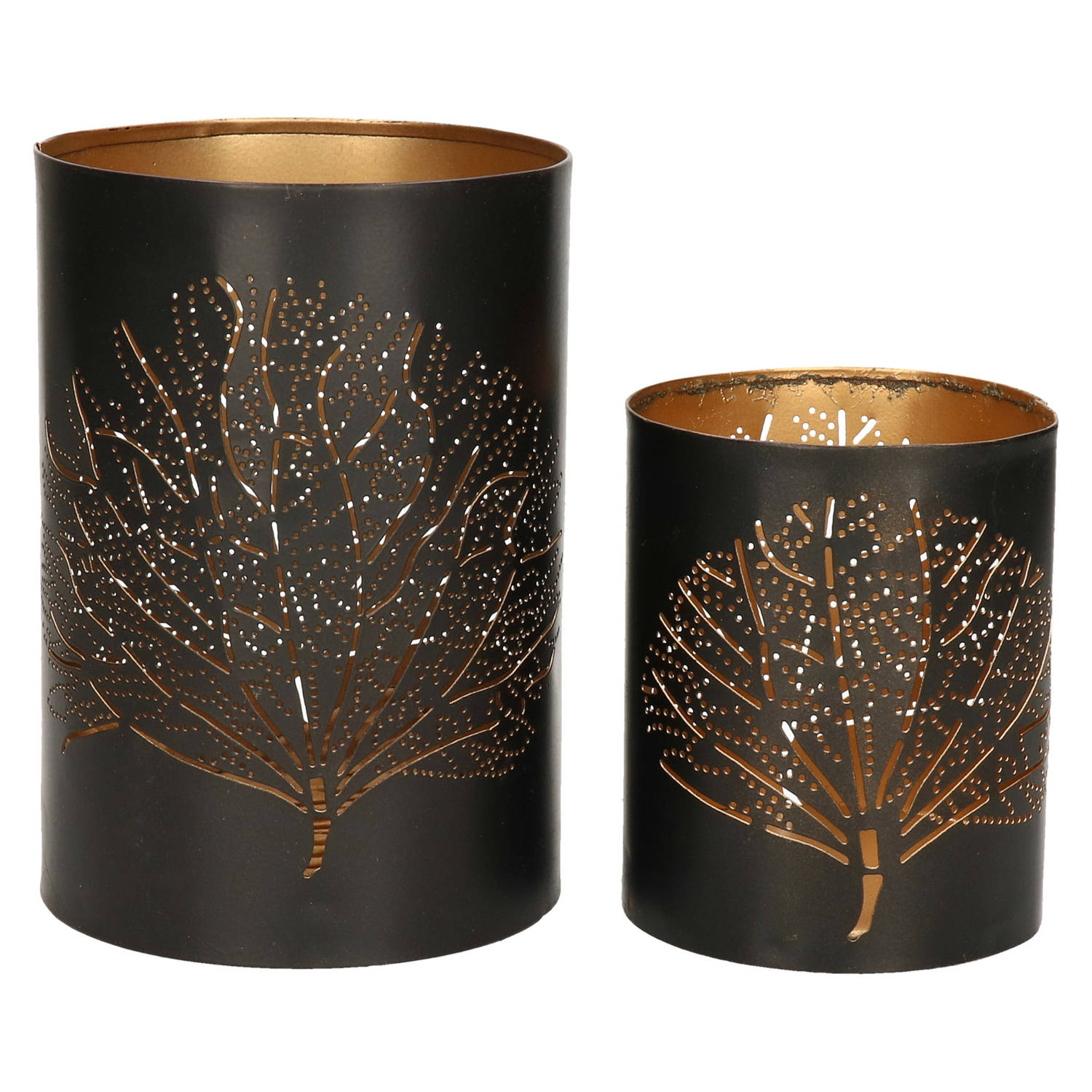 Windlichten set Bamboe 2x zwart-goud metaal 10-15 cm waxinelichthouder Waxinelichtjeshouders
