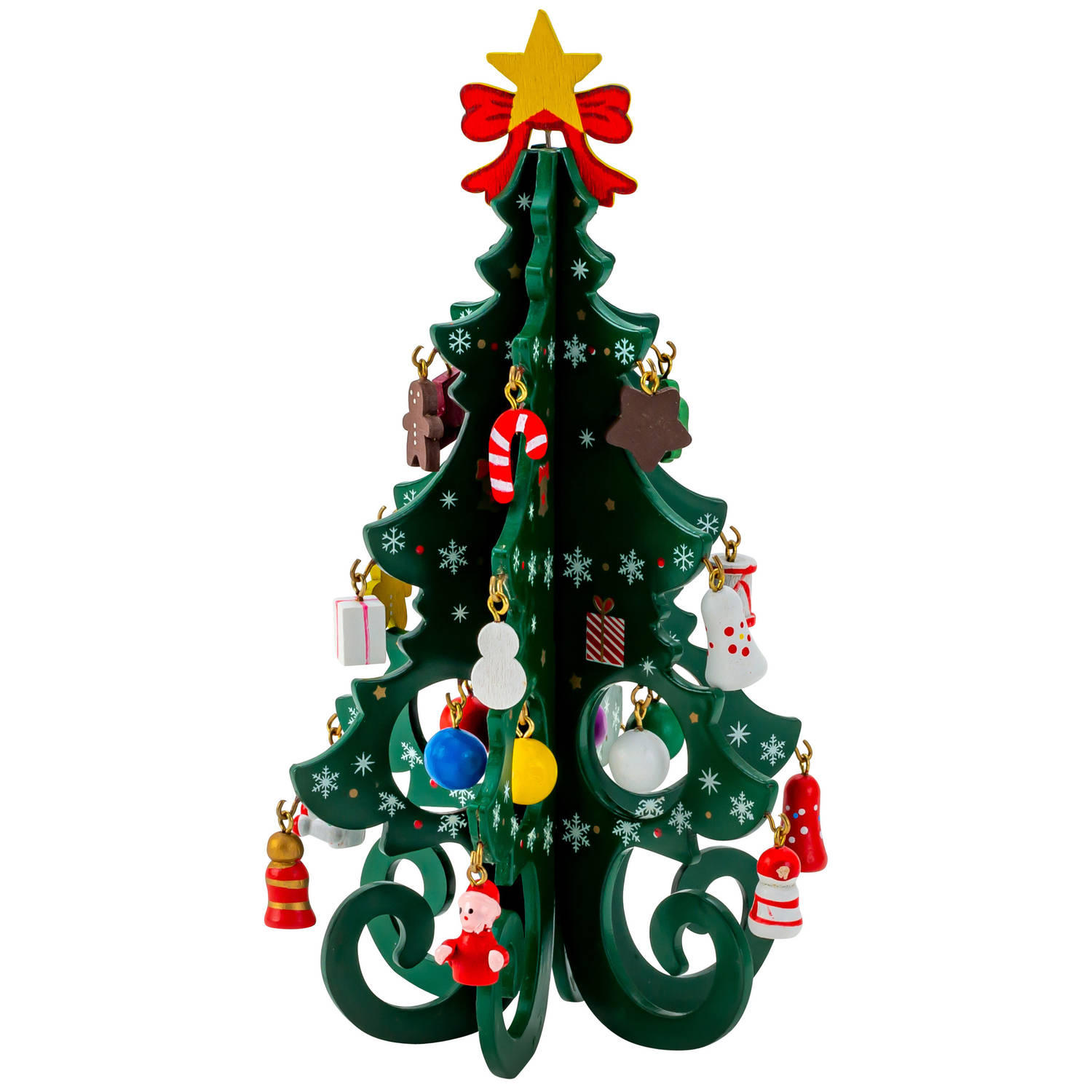 IKO mini decoratie kerstboompje met ornamenten hout 19 cm Houten kerstbomen