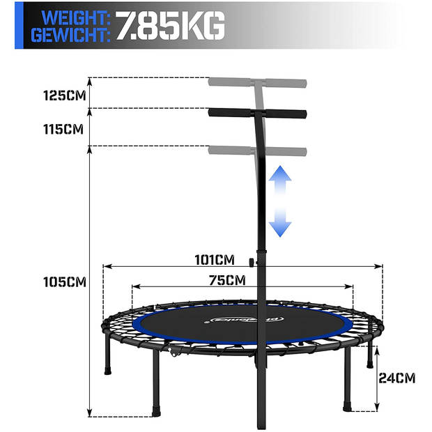 Physionics- Fitness trampoline - diameter 101 cm, in hoogte verstelbare handgreep, tot 120 kg, inklapbaar - mini-tram...