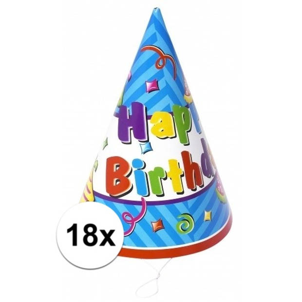 18x stuks Happy Birthday feesthoedjes - Verkleedhoofddeksels