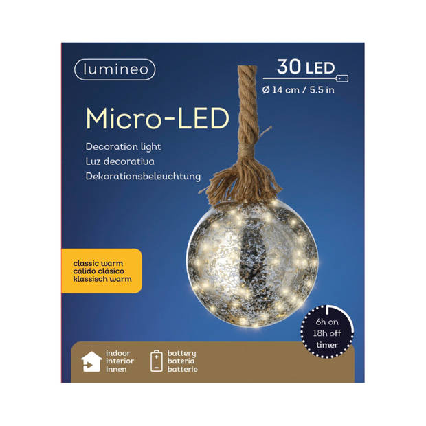 Lumineo Verlichte kerstbal - glas - touw - D14 cm - zilver - 30 leds - kerstverlichting figuur