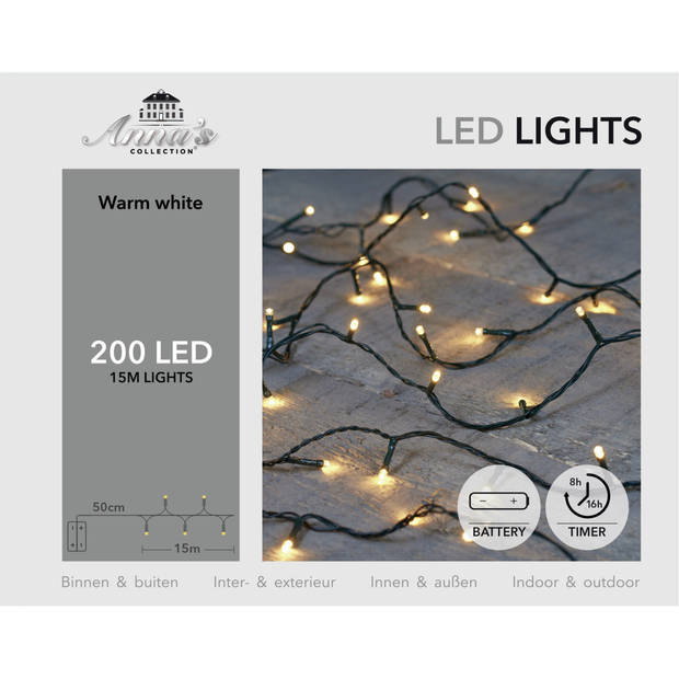 Anna's Collection kerstverlichting - warm wit - 1500 cm - 200 leds - batterij - Kerstverlichting kerstboom