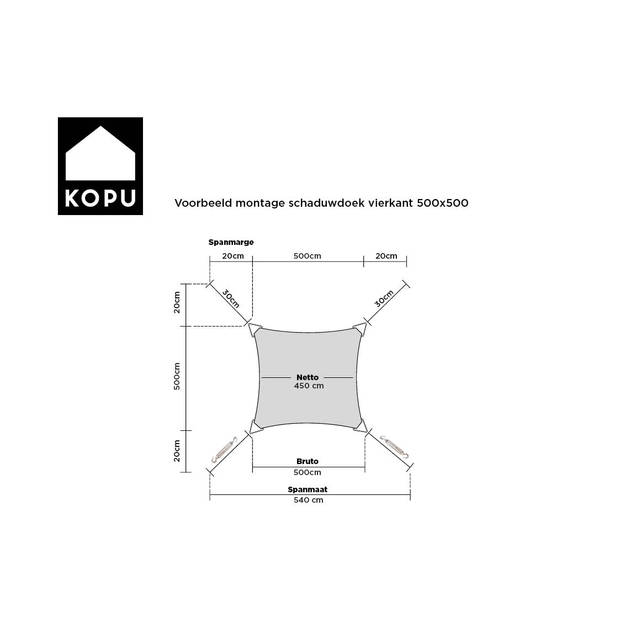 Kopu® Schaduwdoek 5x5 mtr Vierkant Waterdicht 230 gram Zonnedoek - Grijs