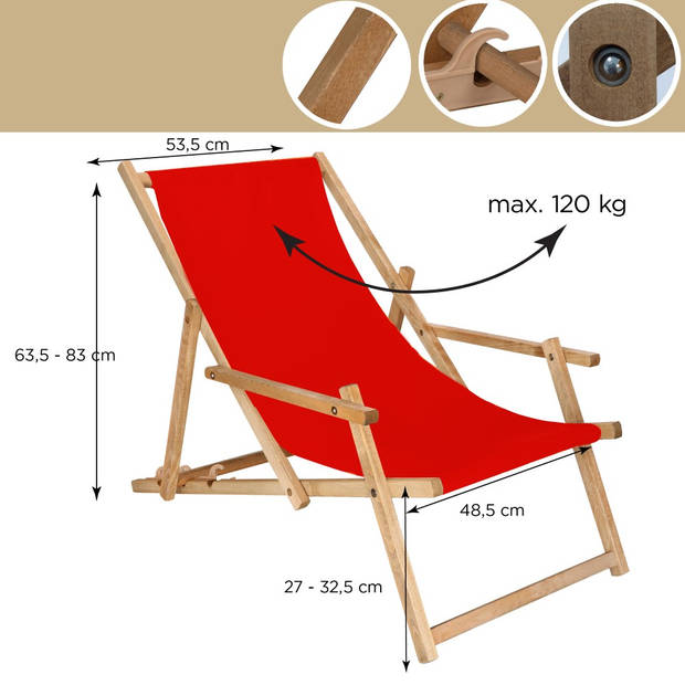 Ligbed Strandstoel Ligstoel Verstelbaar Arm Leuning Beukenhout Geïmpregneerd Handgemaakt Rood