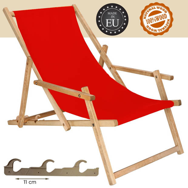 Ligbed Strandstoel Ligstoel Verstelbaar Arm Leuning Beukenhout Geïmpregneerd Handgemaakt Rood