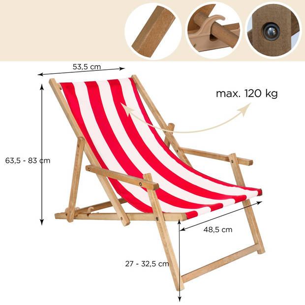 Ligbed Strandstoel Ligstoel Verstelbaar Arm Leuning Beukenhout Geïmpregneerd Handgemaakt Rood Wit