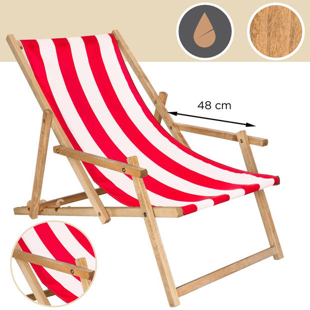 Ligbed Strandstoel Ligstoel Verstelbaar Arm Leuning Beukenhout Geïmpregneerd Handgemaakt Rood Wit
