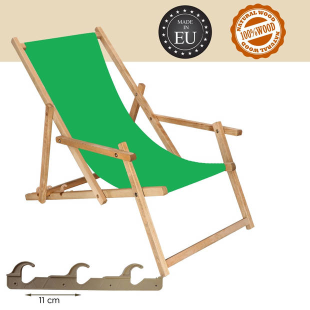 Ligbed Strandstoel Ligstoel Verstelbaar Arm Leuning Beukenhout Geïmpregneerd Handgemaakt Groen